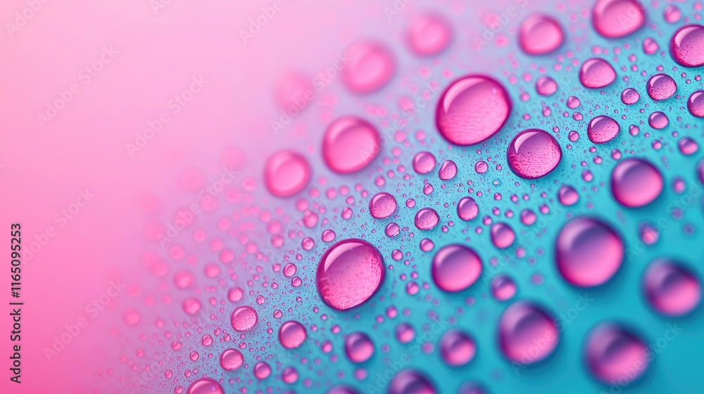 Poster Droplets abstract background idea. Close-up of colorful water droplets on a vibrant surface with a soft gradient background.