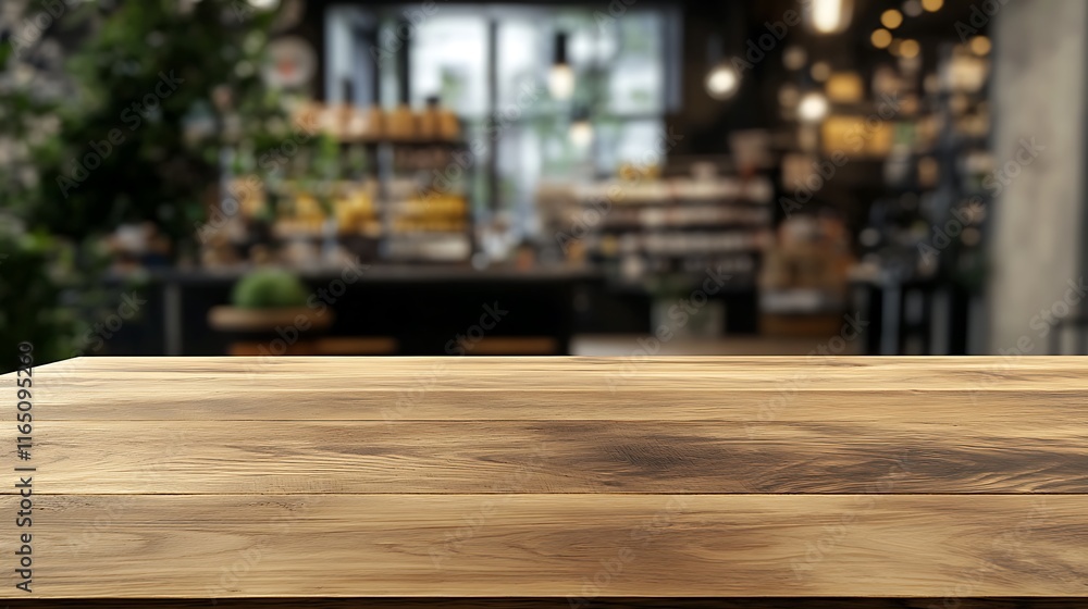 Poster empty wooden table and coffee shop blur background with bokeh image.