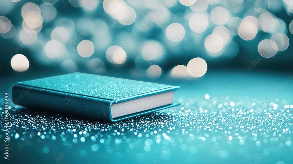 Poster Sparkle abstract background concept. A glittery turquoise book lying on a shimmering surface with bokeh effect in the background.