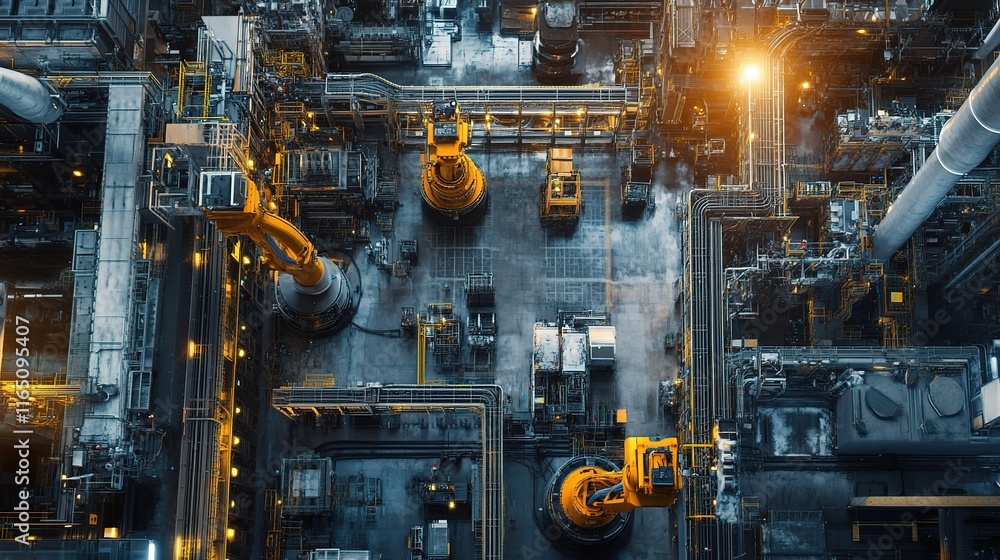 Poster aerial view of high-tech industrial factory with robotics in action
