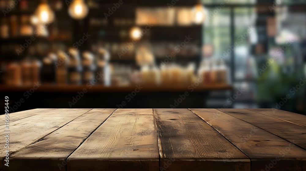 Poster empty wooden table and coffee shop blur background with bokeh image.