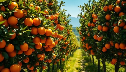 Lush Orange Trees Heavy With Ripe Fruit In A Sunny Grove