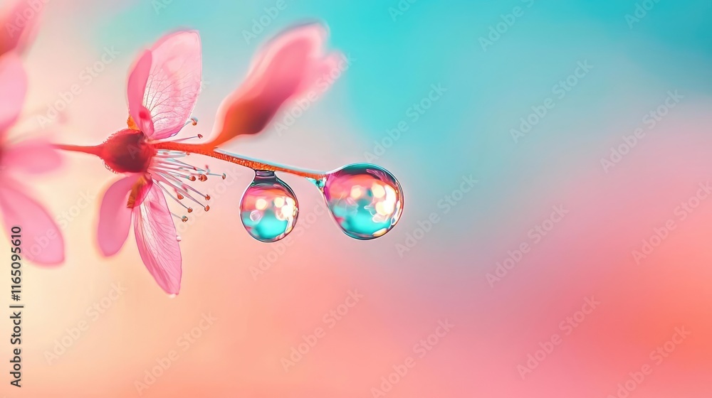 Aufkleber droplets abstract background idea. delicate flower with droplets reflecting colorful background ligh