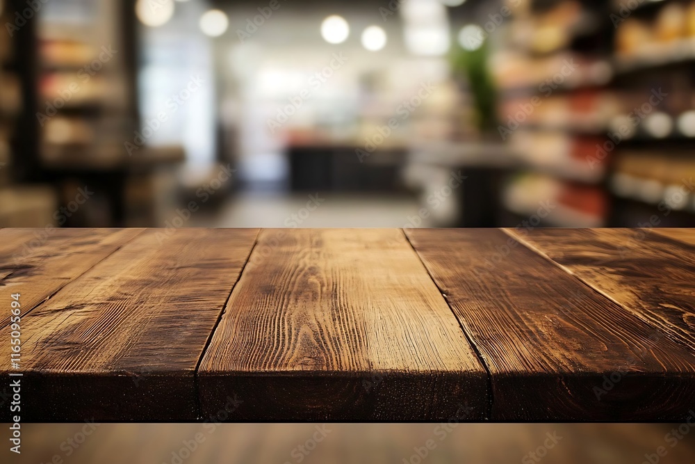 Poster empty wooden table and coffee shop blur background with bokeh image.