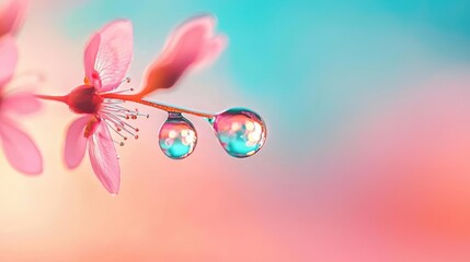 Droplets abstract background idea. Delicate flower with droplets reflecting colorful background light.