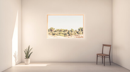 Minimalist interior featuring a chair and view of nature through a large window