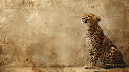 A serene cheetah sits gracefully against a textured, warm-toned background.