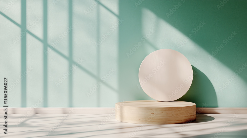 Poster minimalist design with circular object on wooden base against green wall