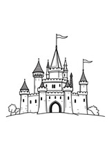 Obraz premium A thick-lined doodle of a castle with turrets and flags, drawn in bold outlines with no fill color, placed on a plain white background.