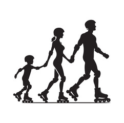 Family Rollerblading silhouette vector illustration