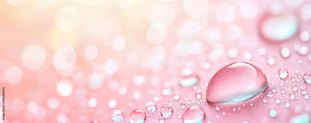 Poster droplets abstract background idea. close-up of colorful water droplets on a soft pink background, hi
