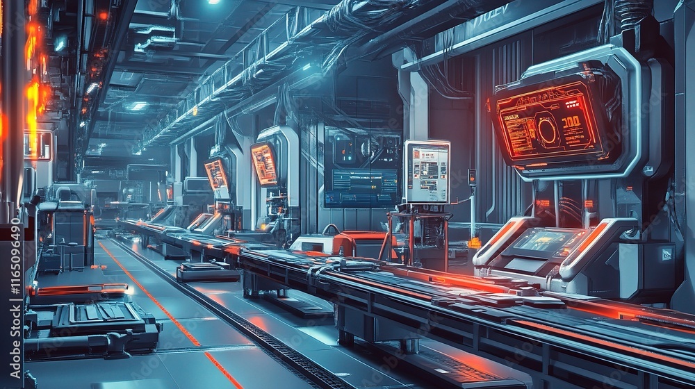 Poster high-tech factory with advanced machines and robotics in operation