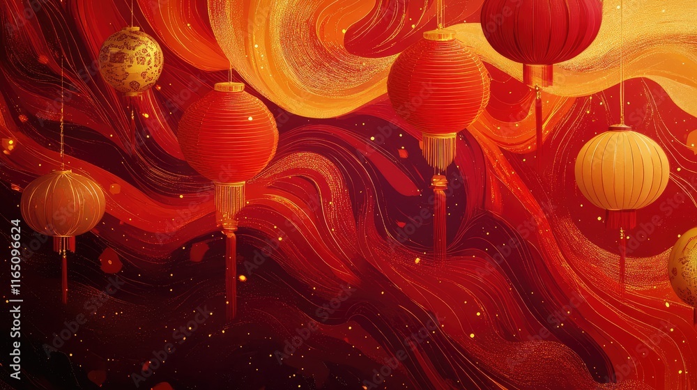 Poster chinese-inspired abstract design with flowing lines, lanterns, and gold patterns to create a vibrant