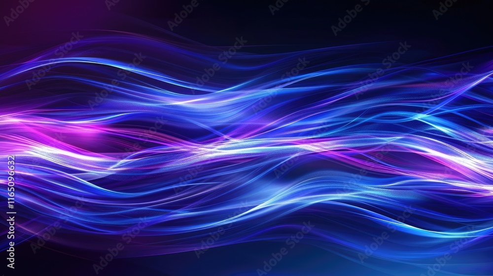 Poster abstract waves of blue and purple light create a dynamic, flowing pattern.