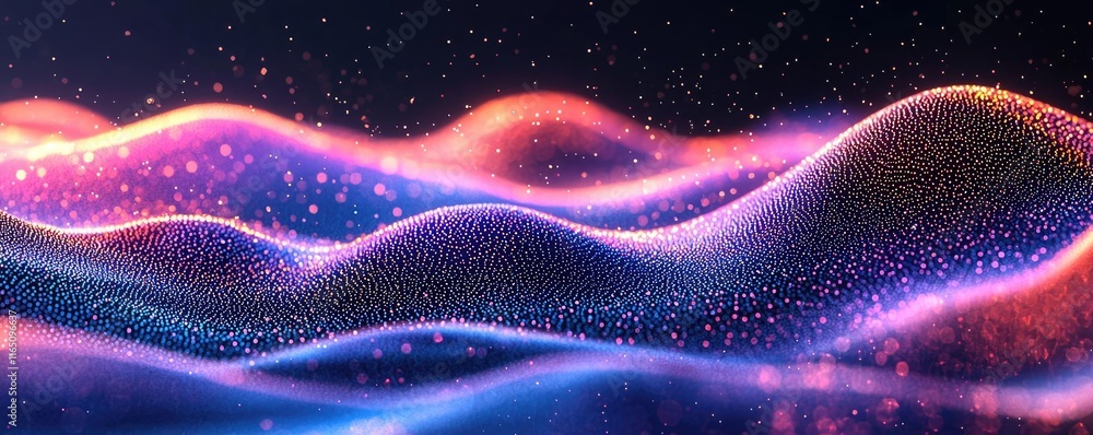 Poster Sparkle abstract background concept. Colorful abstract waves with glowing particles in a dreamy landscape.