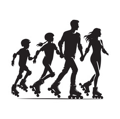 Family Rollerblading silhouette vector illustration