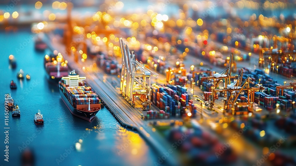 Poster busy container terminal with ships and cargo handling operations