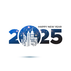 Happy new year 2025 with Building modern smart eco city skyline and celebration background. Greeting card logo, poster, banner template design.