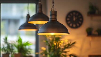 Obraz premium Three Industrial Pendant Lights Illuminating a Cozy Interior