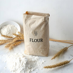  Board with paper bag and spoon of buckwheat flour on table