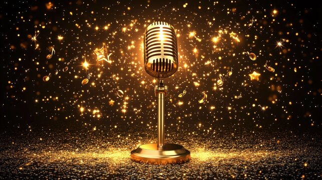 Vintage golden microphone surrounded by sparkling musical notes and stars