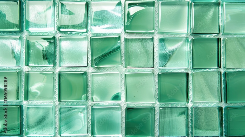 Poster a close-up view of green glass tiles arranged in a grid pattern.