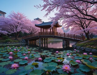 Harmony of Cherry Blossoms and Calm Waters: A Peaceful View of a Japanese Bridge Captured in Vivid Detail, in the Evening