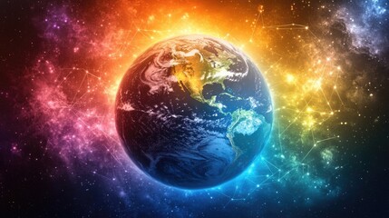 Fototapeta premium Colorful cosmic earth surrounded by vivid galactic energy and illuminated stars