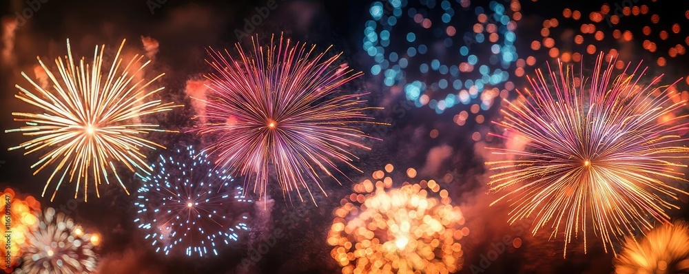 Poster fireworks abstract background idea. colorful fireworks display lighting up the night sky in a vibran