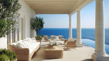 Obraz premium A serene, airy terrace of a grand summer home with an idyllic ocean view and luxurious ambiance