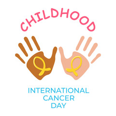 Fototapeta premium Childhood international cancer day banner, card with black and white child hands and yellow cancer ribbon. Awareness, solidarity, togetherness, concept. Vector illustration. Background, social media.