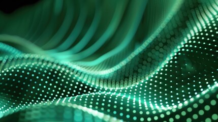 Obraz premium Abstract digital waves with glowing dots in shades of green.