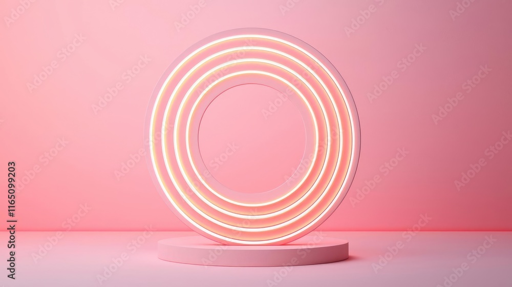 Poster Circles abstract background concept. A modern neon light display featuring circular patterns on a pink background.