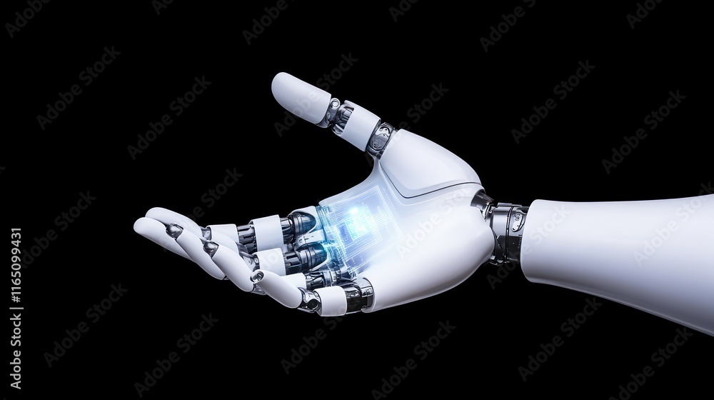 Poster a futuristic robotic hand displaying a glowing core.