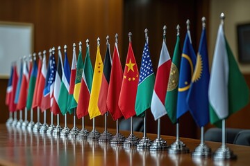 International flags displayed on wooden conference table in diplomatic setting