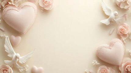 Fototapeta premium Pastel Hearts Roses Doves Romantic Wedding Design