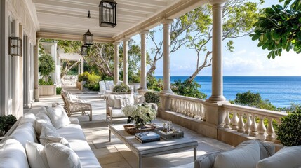 Obraz premium A serene, airy terrace of a grand summer home with an idyllic ocean view and luxurious ambiance