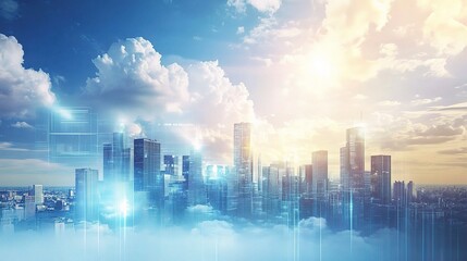 Futuristic Cityscape with Digital Overlays and Cloud Elements