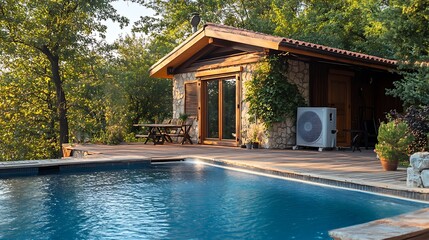 Luxury Poolside Cabin Retreat: Stone & Wood Architectural Gem