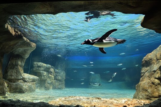 Penguin Swimming in an Aquarium's Underwater Habitat Showcasing Rocks and Marine Life