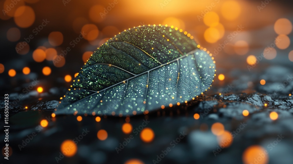 Poster Illuminated leaf with sparkling lights in a mystical setting