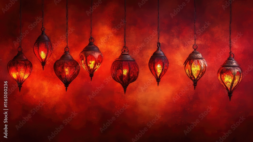 Poster cluster of glowing red and gold lanterns hanging against a textured red gradient backdrop.
