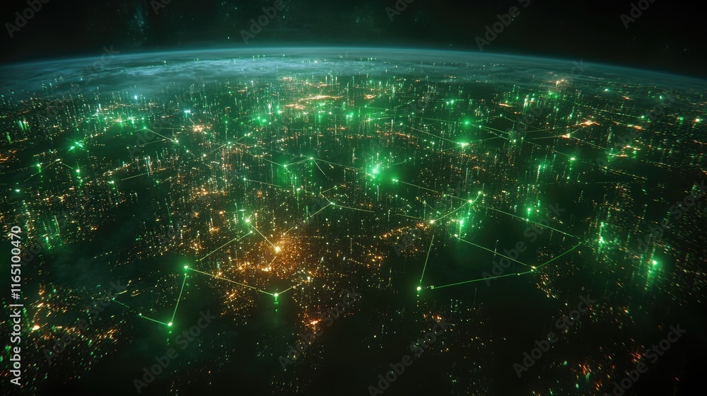 Poster global network visualization with glowing green data connections from space