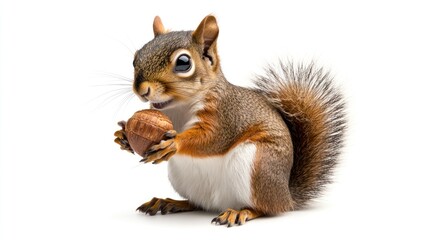 Squirrel Holding a Nut Against a White Background