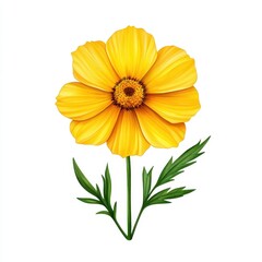 Fototapeta premium A vibrant yellow flower with broad petals and a central disk, accompanied by green leaves, representing beauty and nature.