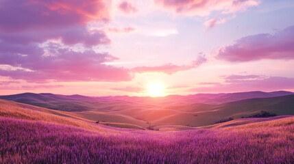 Majestic 3D Sunset Over Rolling Hills - Vibrant Coral and Lavender Skies