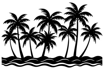 Coconut Tree Grove Silhouette with Tropical Waves Background