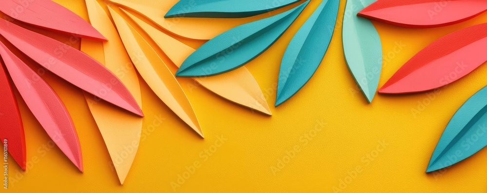 Aufkleber graffiti abstract background concept. colorful paper leaves arranged on a vibrant yellow background 
