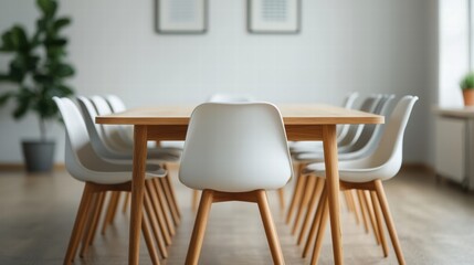 Empty meeting table and chairs in modern collaborative office space