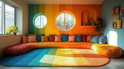 Colorful Playroom Featuring Rainbow Decor And Seating